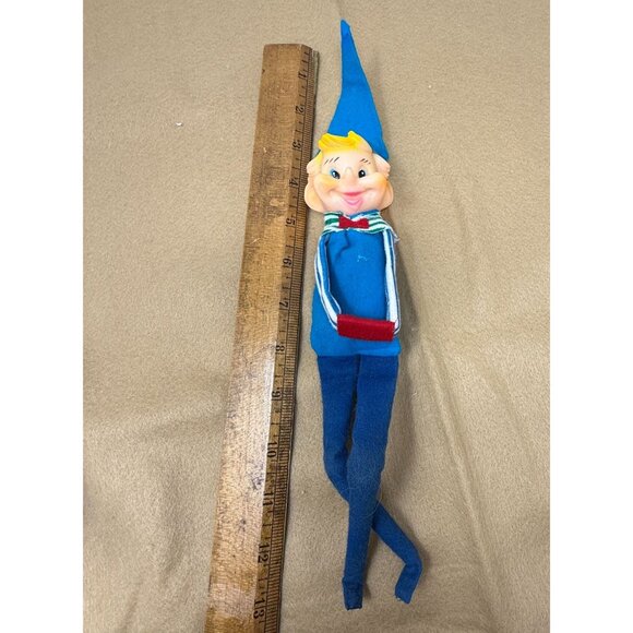 Vintage Knee Hugger Elf Figurine Blue Hat Striped Blond Scarf Christmas Decor - Picture 7 of 7